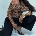 WDIRARA Women's Mesh Leopard Print Long Sleeve Off Shoulder Crop Top Slim Fit Casual Tee Shirt (Brown, L)