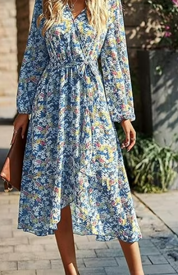 PRETTYGARDEN Women's Floral Maxi Dress 2026 Fall Long Sleeve V Neck A Line Long Flowy Spring Party Boho Dresses, Size S