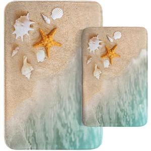 Britimes Beach Starfish Sea Shell Ocean Bathroom Rug Mat Set of 2, Washable Cover Floor Rug Carpets Floor Bath Mat Bathroom Decorations 16x24 and 20x32 Inches