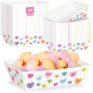 50 Pcs Valentines Paper Food Trays, Disposable Conversation Heart Serving Tray Valentine's Decorations, Love Holder Snack Food Boats, Popcorn Hot Dog Container for Wedding Birthday Party Supplies