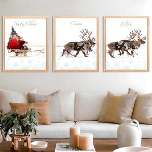 2 x LANCHI95 3 Pcs 8x10in Christmas Wall Art Prints, Santa Claus Reindeer With Sleigh, Large Aesthetic Christmas Art Poster Decorative Poster Room Decor For Living Room Bathroom (UNFRAMED)