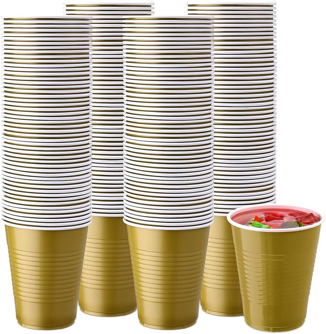 Zopeal 200 Pcs Plastic Cup Bulk 18 oz Disposable Tumblers Wedding Hard Plastic Party Wine Cups Fancy Beverage Drinking Soda Cocktail Glasses for Wedding Birthday Christmas(Gold)