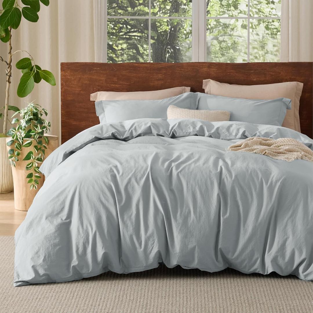 Bedsure 100% Washed Cotton Duvet Cover Queen Size - Mist Blue Minimalist Cotton Duvet Cover Linen Like for All Seasons - GentleSoft Plain Simple Bedding, 3 Pieces (Mist Blue, Queen, 90"x90")