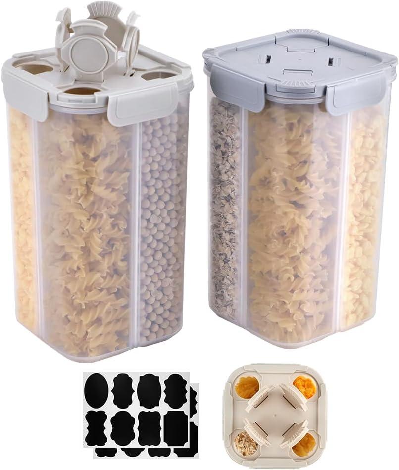 2 Packs Pasta Cereal Storage Containers, 2.5L Airtight Grain Dispenser with Lids, Spaghetti Container Storage with 4 Compartments for Noodle, Rice, Nuts, Flour, Beans