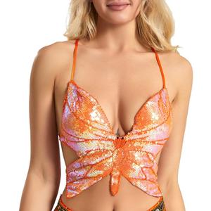 Womens Sparkly Sequin Butterfly Crop Top Sparkly Glitter Bandage Tank Bra Tops Belly Dance (Orange), One SIze