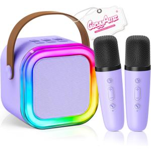 Mini Karaoke Machine for Kids Girls Boys - Birthday Gifts for Ages 4 5 6 7 8+ Year Old - Portable Bluetooth Speaker with 2 Wireless Microphone - Kids' Instrument Accessories - Purple