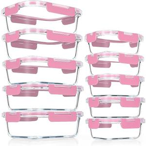VERONES 10Pack Glass Meal Prep Containers, Airtight Glass Lunch Containers,Stackable Food Storage Containers Set with Lids,Exclusive of BPA, for Microwave,Oven, Freezer&Dishwasher Friendly, Pink