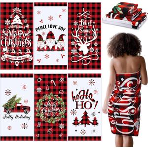 Newwiee 6 Pcs Christmas Bathroom Towel Buffalo Plaid Absorbent Bath Towel Set 60 x 30 Inch Large Pattern for Holiday Beach Shower(Red and Black,Classic Style)