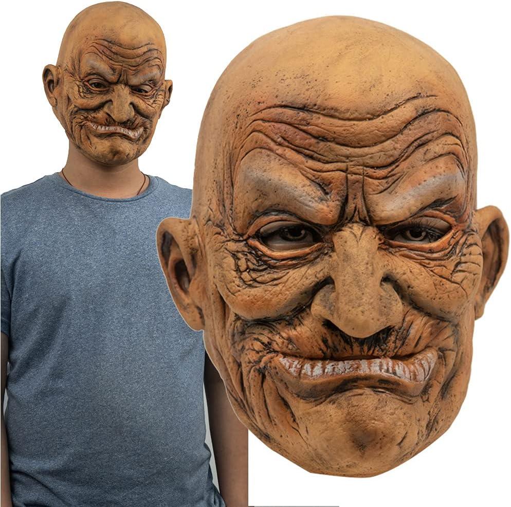 Unisex Clown Cosplay Old Men Wrinkle People Man Head Bald Funny Halloween Mask Full Face Latex Costume Props for Party Carnival Themed Show Play