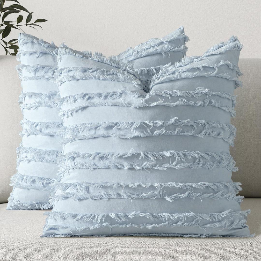 MIULEE Set of 2 Decorative Boho Throw Pillow Covers Linen Striped Jacquard Pattern Summer Cushion Covers for Sofa Couch Living Room Bedroom 16x16 Inch Light Blue