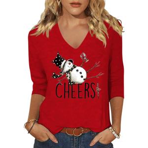 Christmas 3/4 Sleeve Shirt for Women Funny Xmas Doodles Graphic Tee Winter Holiday Family Party Matching Tops Blouse (Medium, Red02)