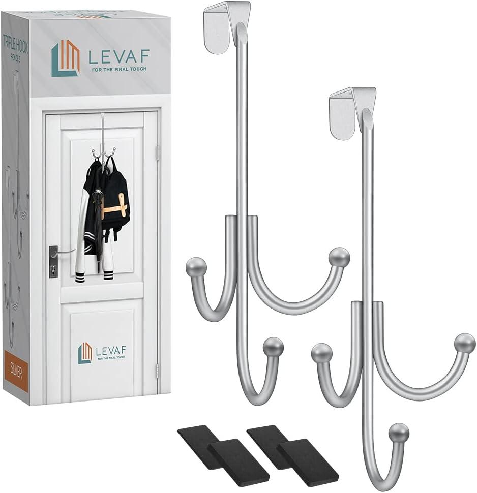 2-Pack Over The Door Hook - with 3 Hang Heads & Snug Fit Pads- 2Pcs Heavy Duty Hooks for Hanging Coats, Towels, Caps & Robes - Elegant Matt Finish - No Drill Hanger Organizer - Silver