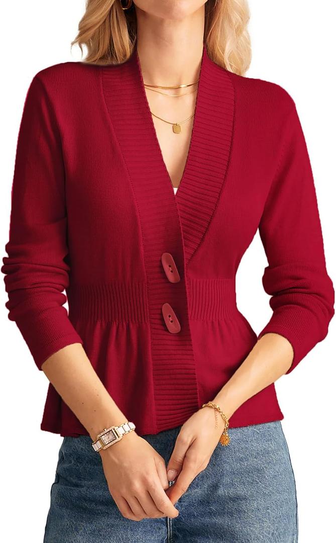 GRACE KARIN Women Cardigan Sweaters 2025 Fall,Long Sleeve Cropped Sweater Coat Trendy,Button Front Peplum Tops Lightweight (X-Large, Red)
