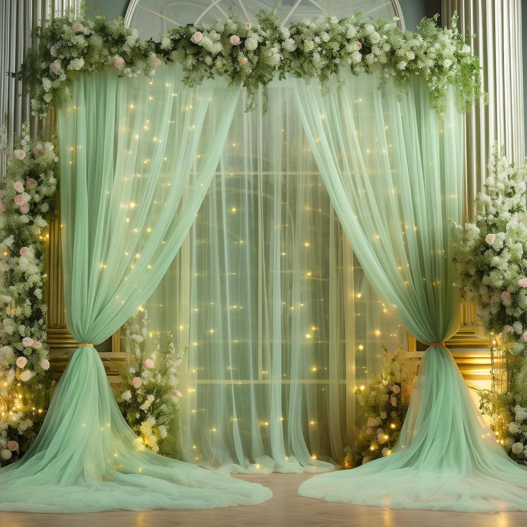 20x10ft Green Tulle Backdrop Curtain with Lights String for Parites, Sheer Photo Backdrop Curtains with Lights for Wedding Backdrop Ceremony Reception Bridal Shower Baby Shower Birthday Party (4 Panels(5*10FT))