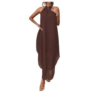 Verdusa Women's Formal Wedding Guest Dress Halter Flowy Chiffon Asymmetrical Long Summer Dress Brown Small