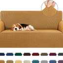 KEKUOU Stretch Loveseat Sofa Cover Slipcover,Couch Covers for 2 Cushion Couch Sofa (55"-78") Furniture Protector Sofa with Elastic Bottom for Kids,Dog. Jacquard Small Checked (Medium,Golden)