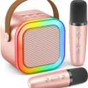 Mini Karaoke Machine for Kids Adults, 2025 TOP Christmas Birthday Gifts for Girls 3,4,5,6,7,8+Year Old Toddler Toys, Portable Bluetooth Speaker with 2 Wireless Karaoke Microphones Player(Rose)