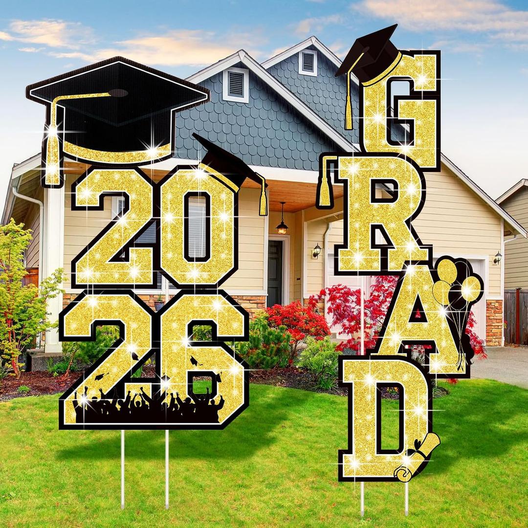 7 Pcs 2026 Graduation Decorations Yard Signs Congrats Grad Lawn Decor Class of 2026 Grad Congrats Grads Lawn Decorations with Stakes for Outdoor Indoor Party Graduation Garden Supplies(Gold)