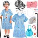 Old Lady Costume for Kids Girls, 100 Days of School Costume for Girls 100th Day of School, Granny Grandma Dress Up Nightgown, Wig, Cane, Glasses, handbag, Play Money Accessories Outfit for Kids