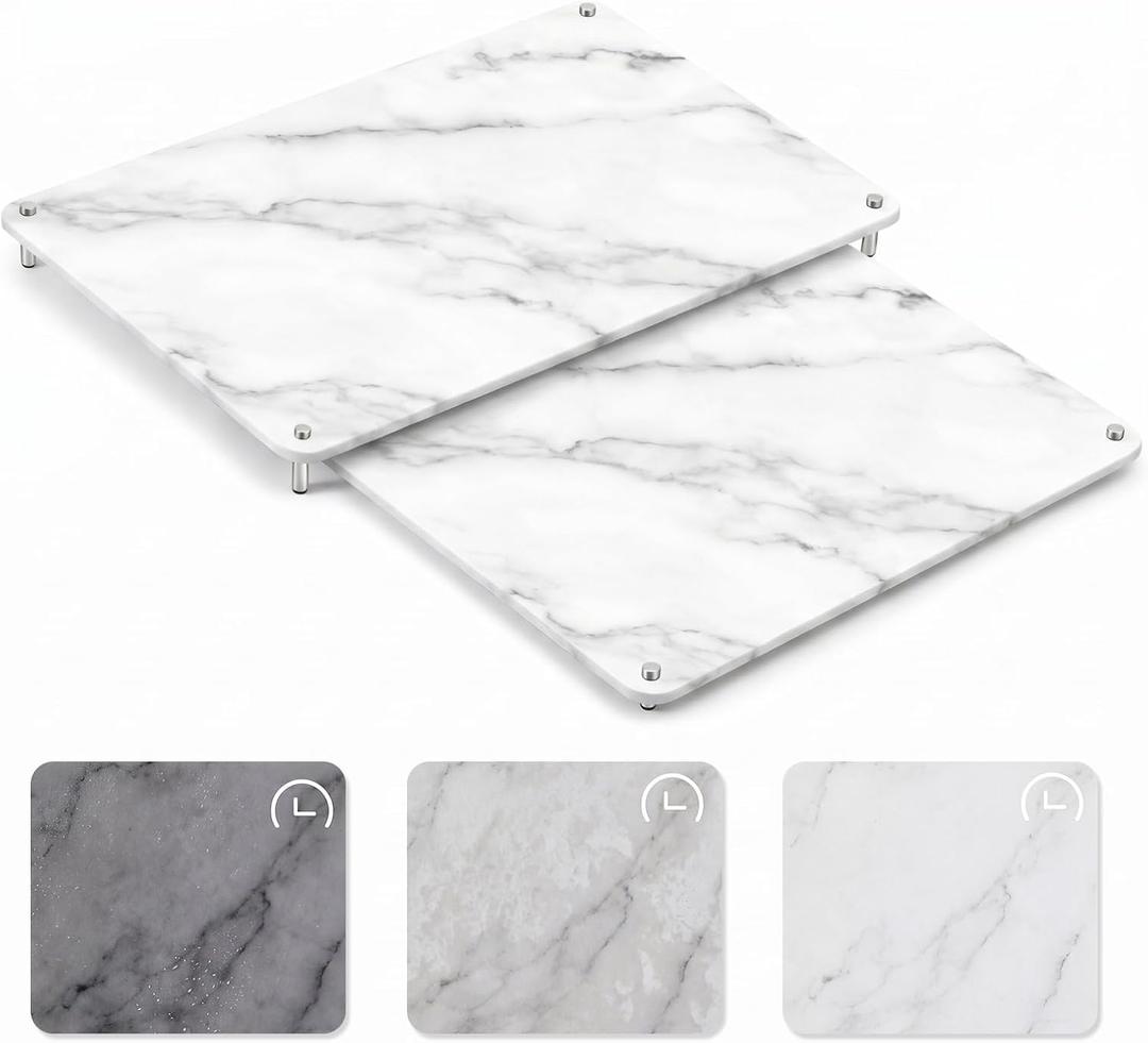 2 Tiers 24"x16" & 20"x16" Large Nesting Stone Dish Drying Mats for Kitchen Counter Absorbent Quick Dry Diatomaceous Earth Mat with Non-slip Feet for Pot Dishes Tableware (Marble Color)