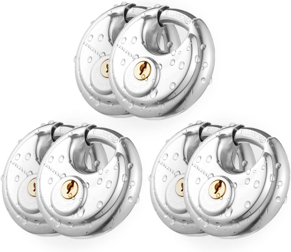 CINCINNO Discus Padlock with Key, 6 Pack Stainless Steel Storage Lock with 2-3/4 in. Wide, 3/8 in. Diameter Shackle, Heav Duty Disc Lock for Storage Unit, Sheds, Garages and Fence