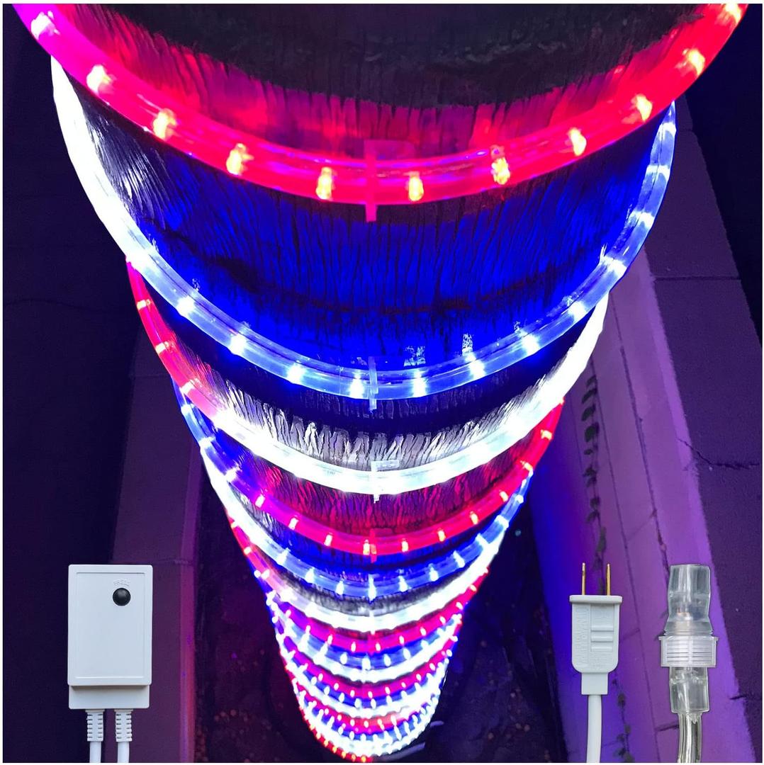 Russell Decor 100ft Red White Blue LED Rope Lights with Patriotic Lights with 4-Level Dimmable Controller Outdoor for Patriotic 4th of July Memorial Day Decor Patio Deck Flexible Lights