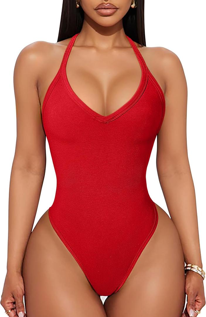 YMDUCH Women's Sexy Sleeveless Spaghetti Strap Ribbed V Neck Racerback One Piece Bodysuit Top, L
