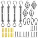 44Pcs Sun Shade Hardware Kit- Retractable 6'' to 8'' 304 Heavy Duty Stainless Steel Installation Replacement for Installing Rectangle Square Triangle Shade Sail in Outdoor Patio Lawn Garden
