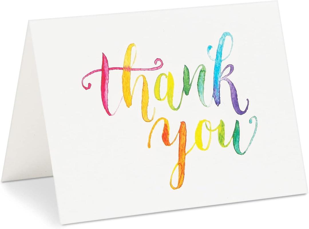 Sustainable Greetings 120 Pack Thank You Cards with Envelopes - 5 x 4-Inch Multicolor Watercolor Rainbow Font - Blank Inside - Bulk Thank You Notes Set for Weddings & Baby Showers
