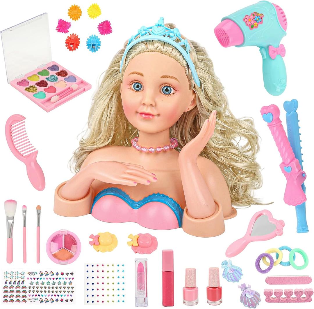 Hair Styling Doll Head Makeup Kit Girls Toys,Pretend Play Hair Salon Toy With Real Cosmetics Nail Polish,Hairdryer Curling Iron Hair Accessories Beauty Stylist Kit Girl Gifts 3 4 5 6+ Years Old