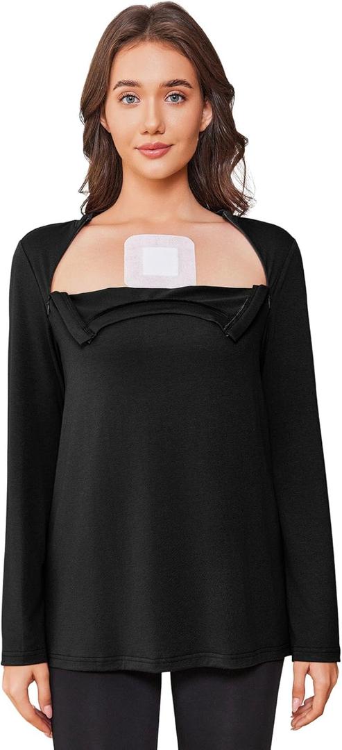 Deyeek Chemo Shirts for Women with Dialysis Port Access 2 Side Zippers Long Sleeve Shoulder Post Surgery Shirt (XX-Large, Black)