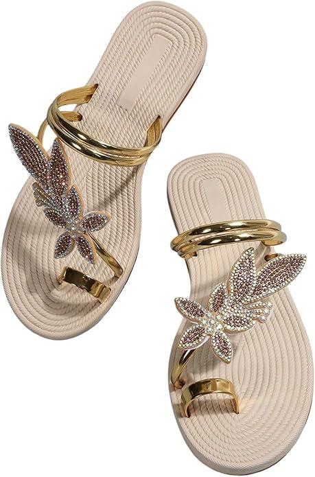 GORGLITTER Women's Butterfly Metallic Sandals Dressy Sparkly Rhinestone Strappy Toe Ring Slide Flats Sandal, Size 43