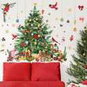 Decorated Christmas Tree Wall Decals, Cardinal Birds Gold Snowflakes Festive Elements Wall Stickers for Home Shop Holiday Party Wall Decoration