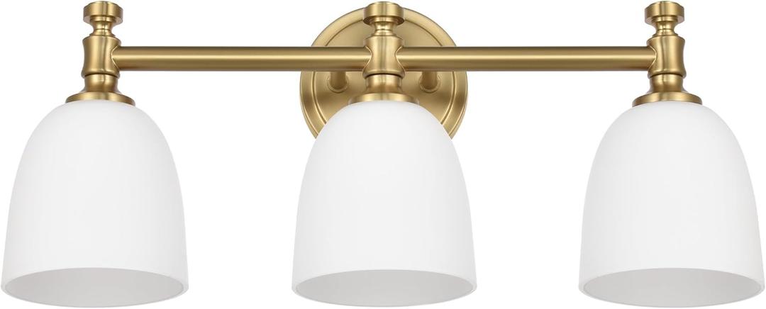 Gold Bathroom Vanity Light, 3-Light Bathroom Light Fixtures Over Mirror, Traditional Vanity Lights for Living Room, Milk White Bell Glass Shades, Standard E26 Base, Aged Brass