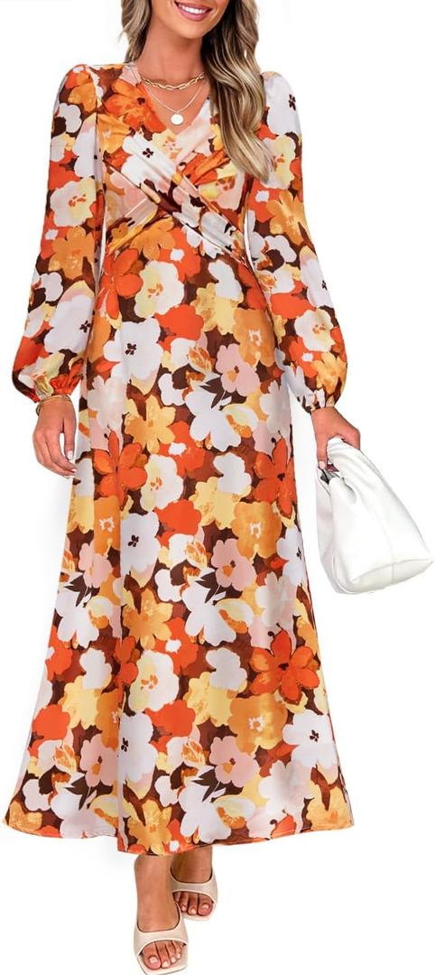 ZESICA Women's Floral Long Sleeve Midi Dresses 2026 Fall Boho V Neck Belted High Wasit Flowy Wedding Cocktail Party Dress (S)