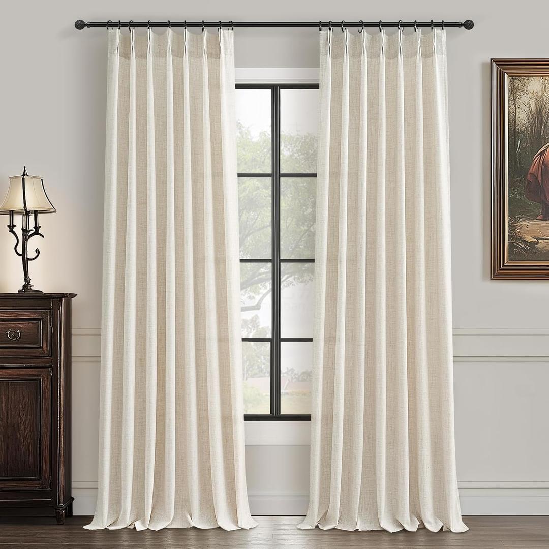 Semi Sheer Curtains 90 Inches Long for Bedroom Light Filtering Beige Birch Textured Linen Blend Pleat Curtains 7-1/2 ft Length Hooks Rings&Back Tab for Sliding Glass Doors 2 Panels Set (40"W x 90"L