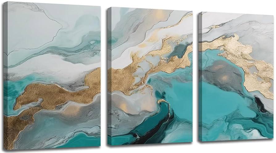 RUIFENGL Abstract Teal and Gold Canvas Prints Wall Art for Living Room Office Wall Decor Artwork Paintings Pictures for Bedroom Bathroom Home Wall Decoration Office Poster 16"x24"x3 Panels