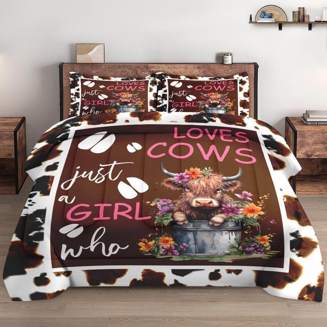 WeCozy Full Size Comforter Set with 2 Pillowcases, Cow Print Flower Green Soft 3 Pcs Bedding for Kids and Adults, Cute Happy Highland Comforter Set for Bedroom Bed Decor