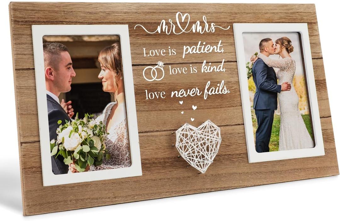 Wedding Gifts, Bridal Shower Gifts for Bride to Be, Wedding Picture Frame for Couple - Double 4x6 Pictures Frame - Wooden Couples Newlyweds Picture Frame with Heart (Mr Mrs)