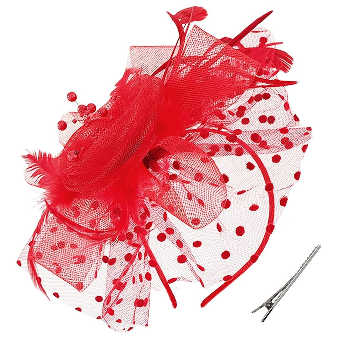 WLBON Fascinators Hat 20s 50s Headband Hair Clips Flower Mesh Veil Feather Headpiece Headwear Women Halloween Carnival Cocktail Wedding Church Cosplay Dress Up Birthday Tea Party Accessories Red