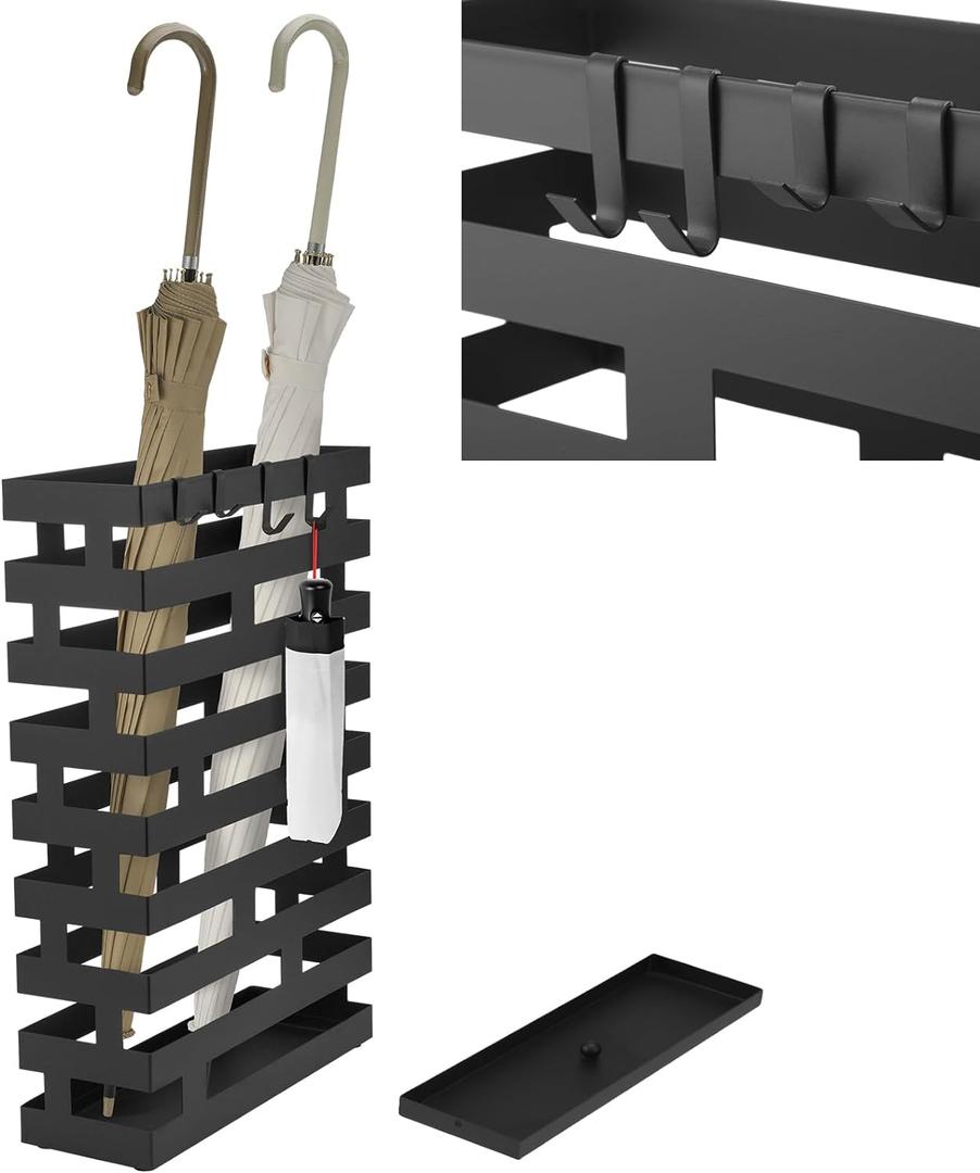 Tudomro Umbrella Stands for Entryway Large Metal Umbrella Holder 3.94 x 11.81 x 16.93 Inches with Removable Water Tray and Hooks Decor Freestanding Rectangular Hollow Rack for Home Office (Black)