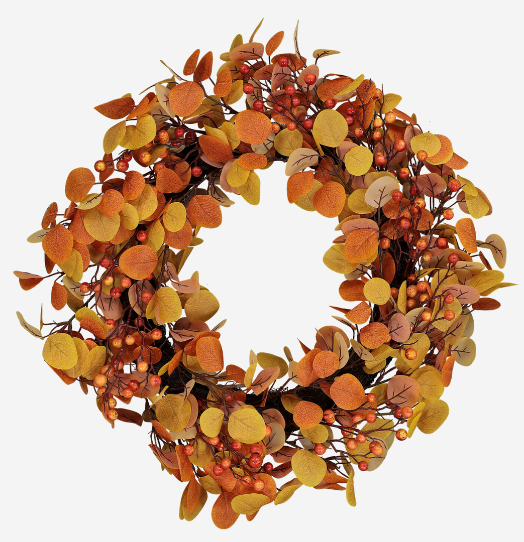 26 Inch Fall Wreath for Front Door Large Eucalyptus Wreaths with Mini Orange-Yell Leaves, Autumn Greenery Wreath on Grapevine for Fall Door Decor Farmhouse Wall Window Home Decoration