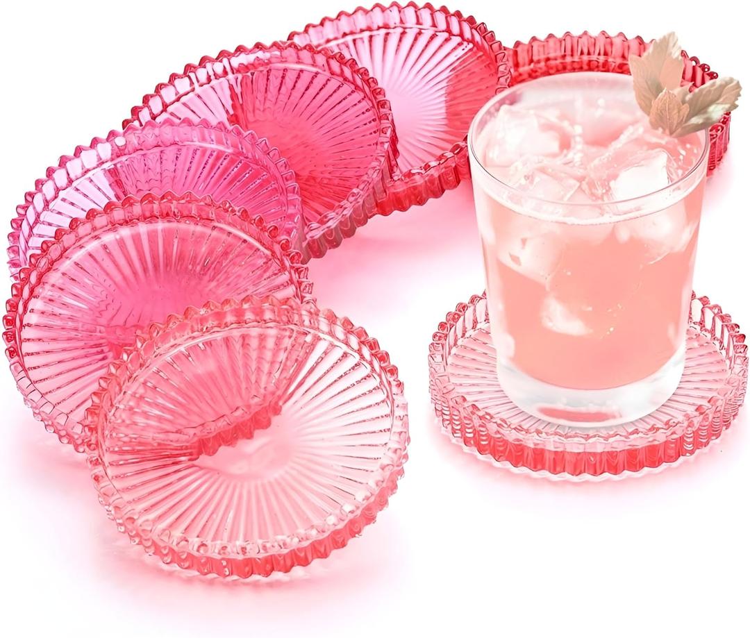 Queekay 6 Set Modern Clear Glass Coasters for Drinks Colored Glass Crystal Coasters House Warming Gifts New Home Coffee Table Decor for Office, Kitchen, Bar, Dining Room, Living Room (Pink)