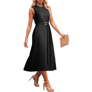 Dokotoo Womens Summer Dresses 2026 Sleeveless Crewneck Gold Buckle Tie Belt Back Slit Casual Elegant Midi Dress (XL)