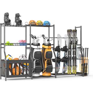 Ultrawall Sports Equipment Organizer, Heavy Duty Garage Golf Bag Stand, Ball Storage Rack with Basket, Garage Organization for Sports Gear and Toy Storage, Indoor/Outdoor Use, 97.6"