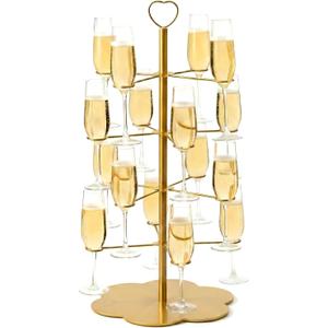 Upgraded 4 Tier 26.5" H Cocktail Tree Stand for Drinks - 16 Glasses Martini Tree Drink Tower - Wine Glass Holder with Heavy Duty Thick Base, Gold Mimosa Bar Stand - Wedding Party Decor