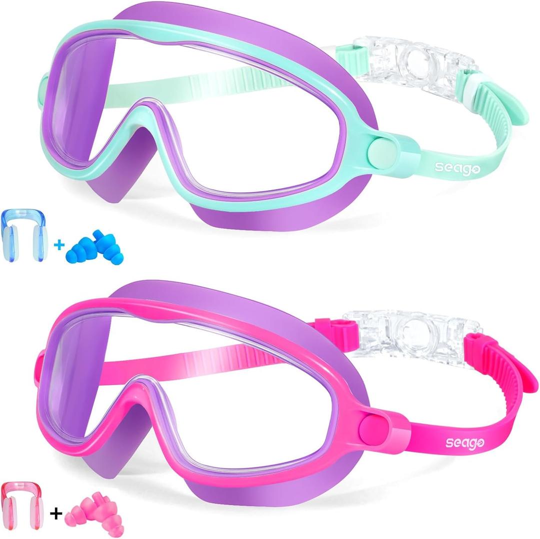 Seago Swim Goggles 2 Pack Anti-Fog Anti-UV Wide View Swimming Goggles for Kids 3-14 (Pink Purple & Green Purple)