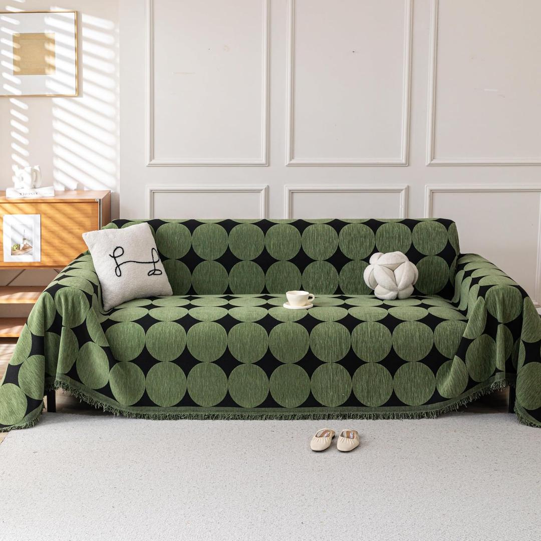 Boho Chenille Couch Cover for Dogs, Non Slip Sofa Cover, Couch Slipcover Covers for 3 Cushion, Furniture Protector with Tassels for Pets Washable, 71"x118", Circle Green