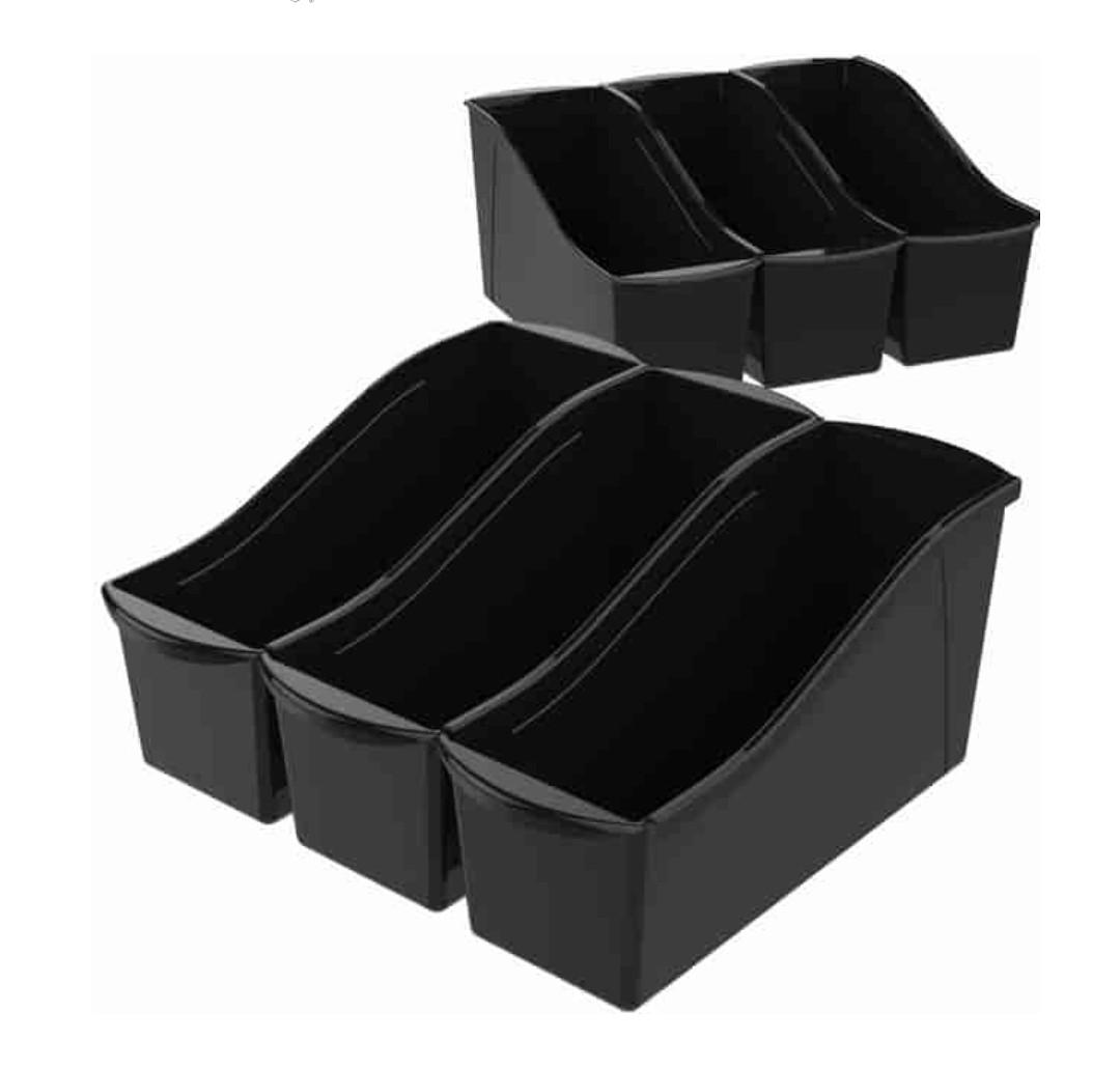 Storex Book Bins, 7" Height x 5.30" Width x 14.30" Length, Sturdy, Black, Plastic, 6 / Carton