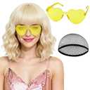 PLULON Blonde Wavy Bob Wig with Bangs Heart Sunglasses for Women, Colored Neon Bob Shoulder Length Wigs with Hair Cap for Christmas Outfit 80s Retro Theme Party Birthday Cosplay Halloween Costume